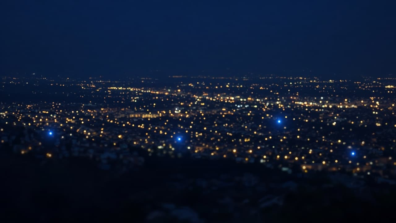 Night city lights with soft glowing points suggesting friends nearby