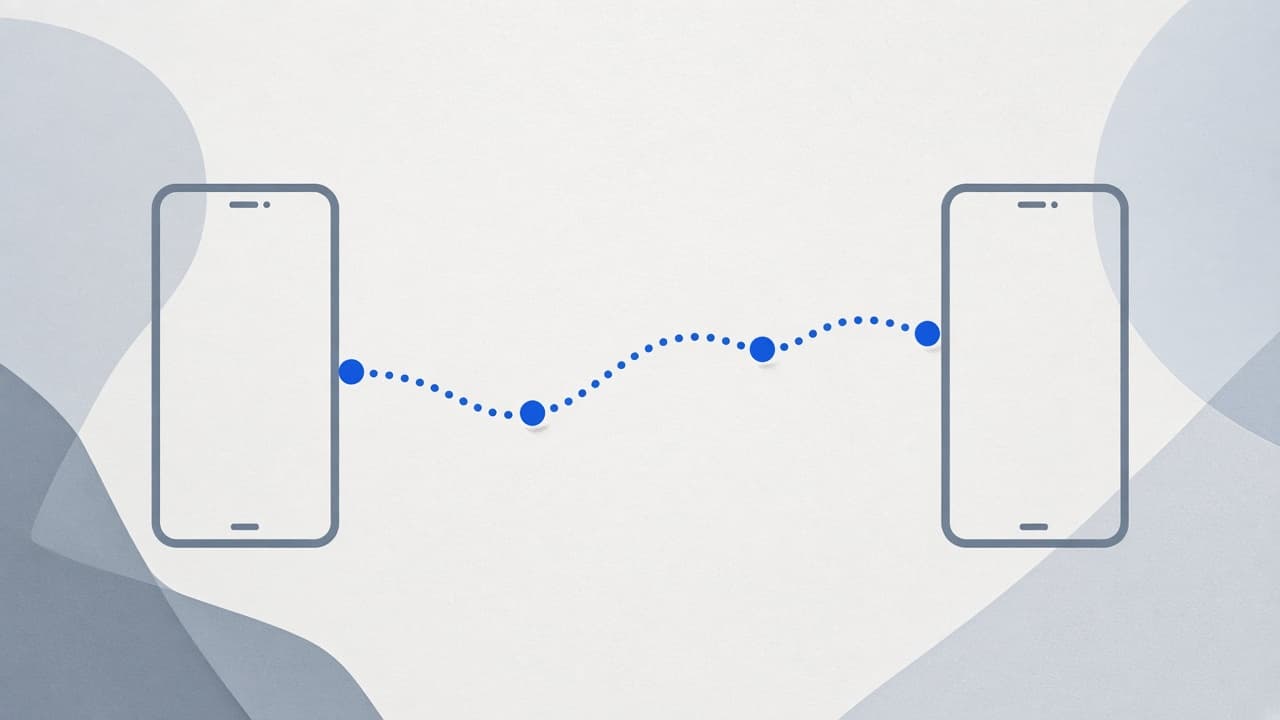 Two abstract phone shapes connected by a dotted location path