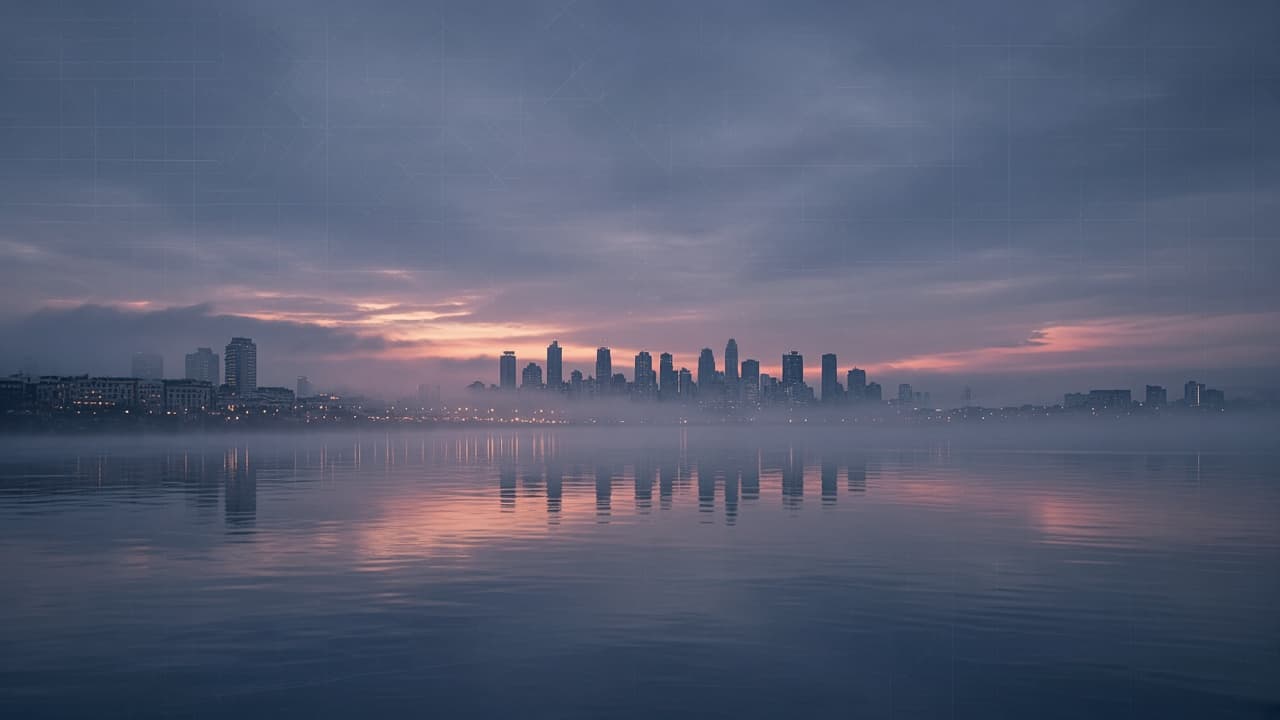 Blue hour city skyline reflected in water with a soft map grid overlay
