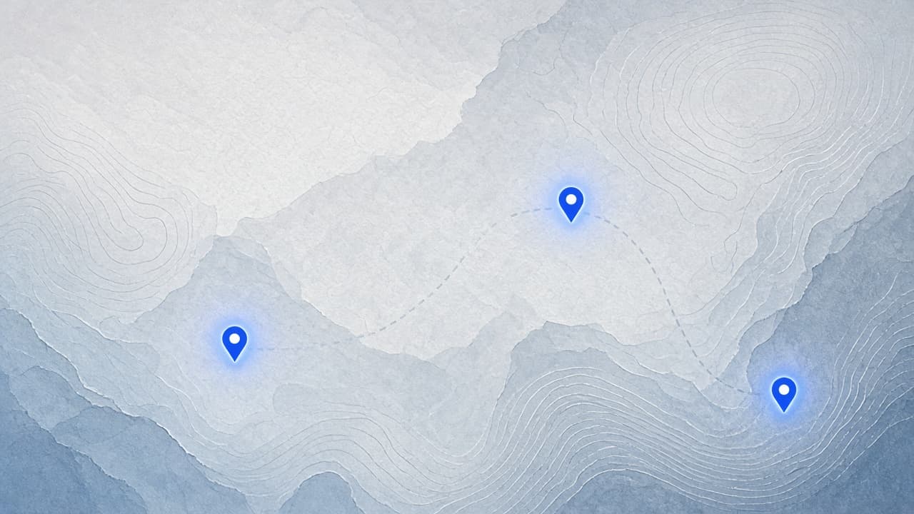 Abstract topographic map with glowing location pins