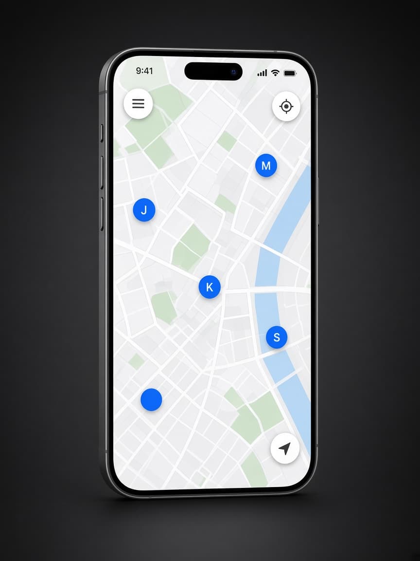 Phone showing a map with contact pins labeled with initials